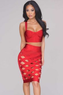 Red Open Caged Skirt Set