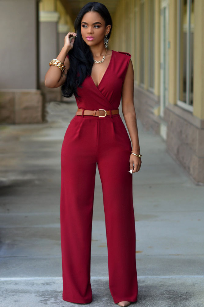 BEBUTTON Women's V Neck Poise Casual Trousers Jumpsuits Poise Red Jumpsuit  