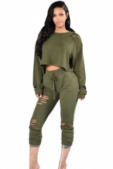 Olive Green Savage Distressed Two Piece Pant Set