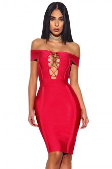 Gold Chain Crisscross Lace up Red Bandage Dress