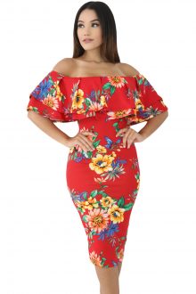 Red Leafy Floral Layered Ruffle Off Shoulder Midi Dress
