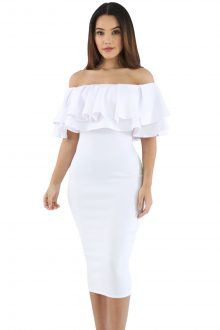 White Layered Ruffle Off Shoulder Midi Dress