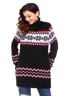 Black Christmas Snowflake Knit Turtleneck Sweater
