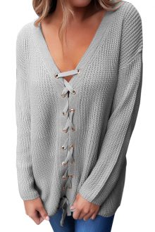 Gray Lace up Sweater