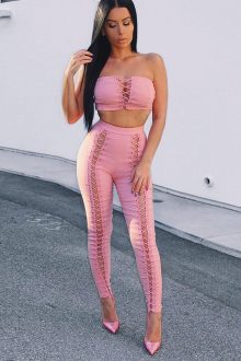 Pink 2 Pices Strapless Lace Up Bandage
