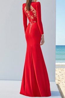 Red Maxi Lace Long Sleeve Round Neck Bandage Dress