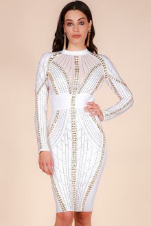 White Metal Studded Beaded Round Neck Long Sleeves