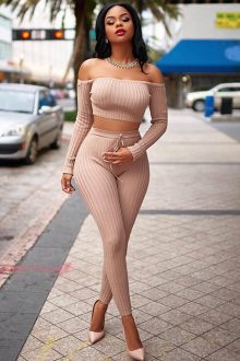 Nude Two Pieces Bandage Pant and Off Shoulder Top