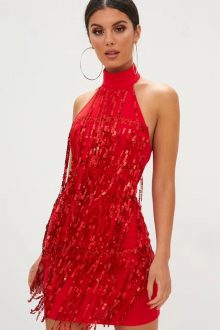 Red Mini Sequined Bandage Dress