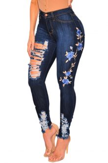 Fabiola Dark Embroidered Floral Destroyed High Waist Skinny Jeans