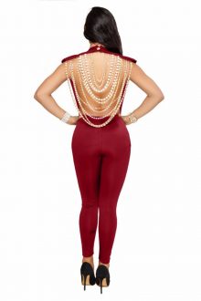 Red Round Neck Back Pearl Jewelry Bandage Jumpsuit