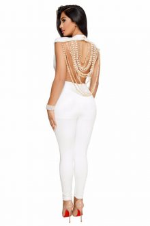 White Round Neck Back Pearl Jewelry Bandage Jumpsuit