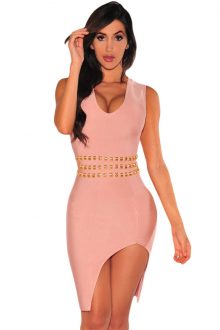 Blush Gold Accent Slit Bandage Dress