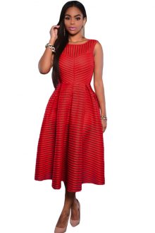 Red Stripes V Back Midi Dress