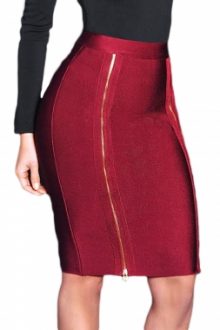 Burgundy Double Zip Slit High Waist Bandage Skirt