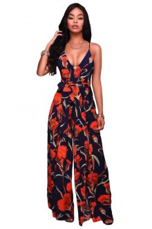 Navy Orange Floral Print Slit Leg Jumpsuit