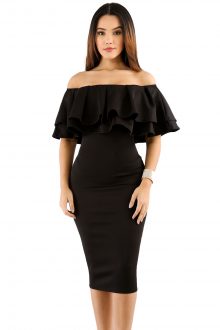 Black Layered Ruffle Off Shoulder Midi Dress