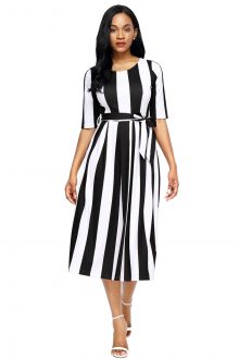 Black Stripe Print Half Sleeve Belted Dress