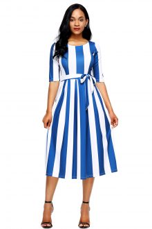 Blue Stripe Print Half Sleeve Belted Dress