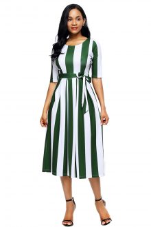 Olive Stripe Print Half Sleeve Belted Dress