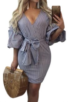 Puff Sleeve Vertical Striped Mini Dress