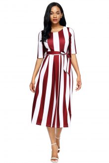 Wine Stripe Print Half Sleeve Belted Dress