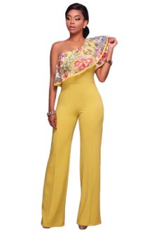 Yellow One Shoulder Ruffle Jumpsuit