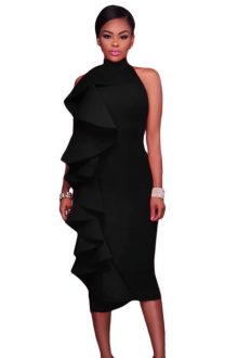 Black Halter High Neck Ruffled Midi with Back Slit