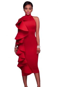 Red Halter High Neck Ruffled Midi with Back Slit