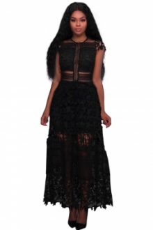 Black Lace Hollow Out Long Party Dress