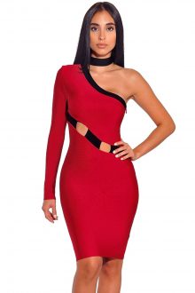 Red Asymmetrical One Shoulder Long Sleeve Bandage