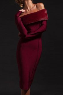 Lucie Red Wine Off Shoulder Long Sleeve Midi Bandage Dress