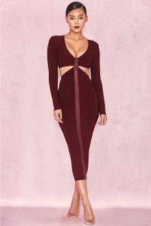 Wine Front Zip Long Sleeve Midi Bandage Dress