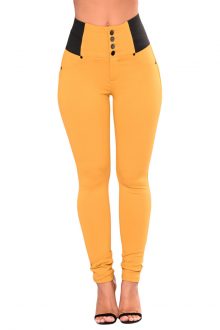 Yellow Buttoned Waist Patched Leggings